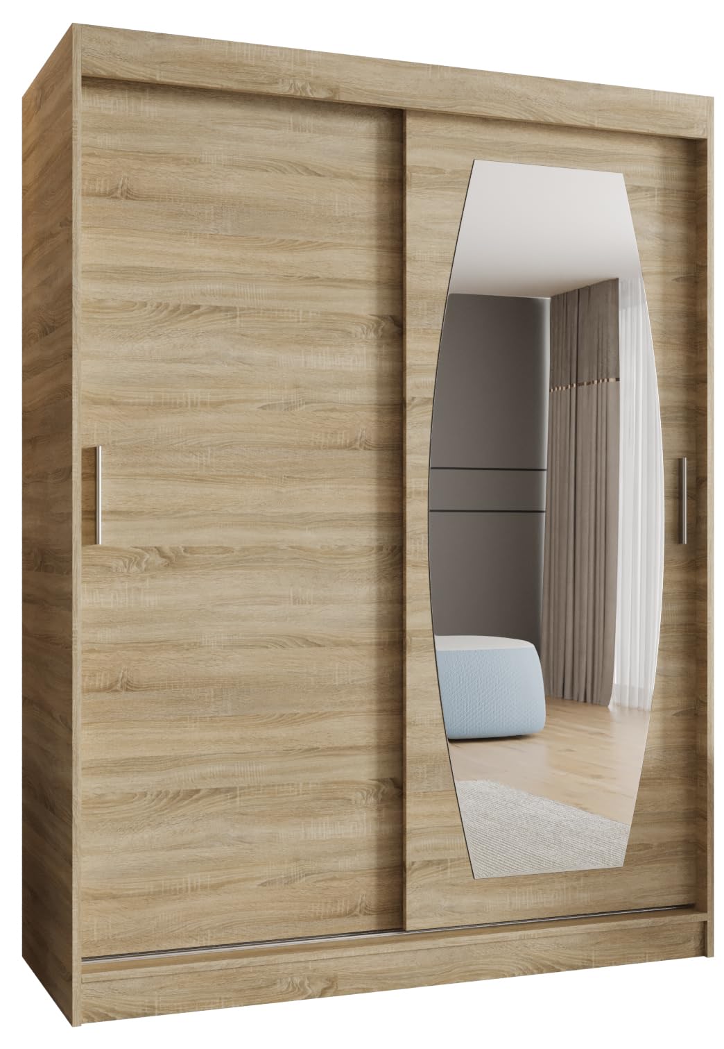 Kryspol - Kleiderschrank mit Spiegel - Schwebetürenschrank - Kleiderschrank 150 cm Breit x 200cm(H) x 62cm(T), 2 Türen, Laminierte Möbelplatte, Schiebetürenschrank Rossa 150, Farbe Sonoma Eiche