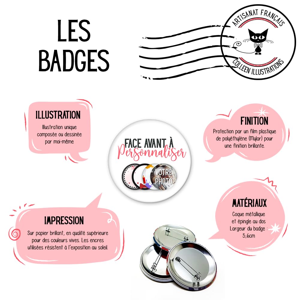 Badge personnalisable 5,6cm avec texte photo logo pour évènement fête mariage anniversaire baptême - Artisanat français Colleen Illustrations