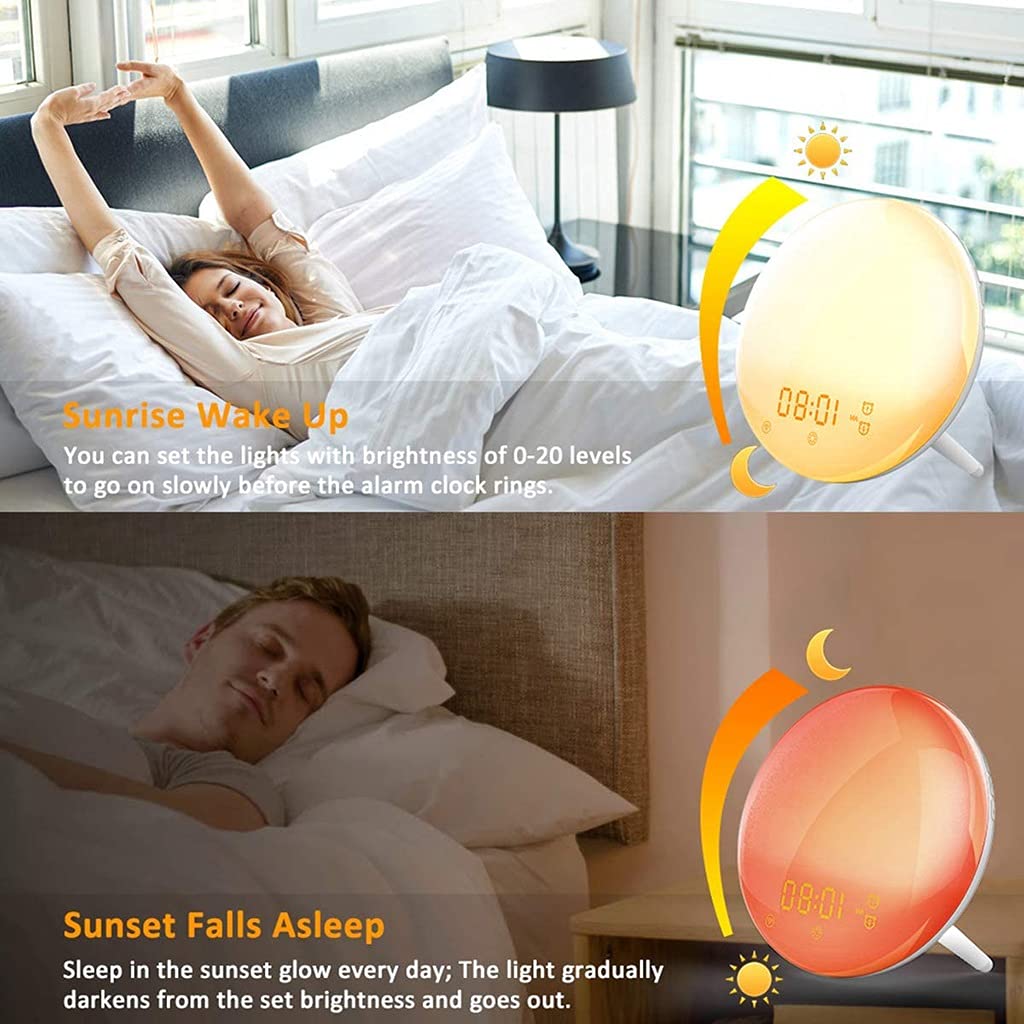 Sveglia di Simulazione del Tramonto, Controllo App, con la Funzione Snooze, Controllo Vocale, Luce Sveglia Intelligente, 7 Suoni Naturali e Radio FM, 2 Pacchi