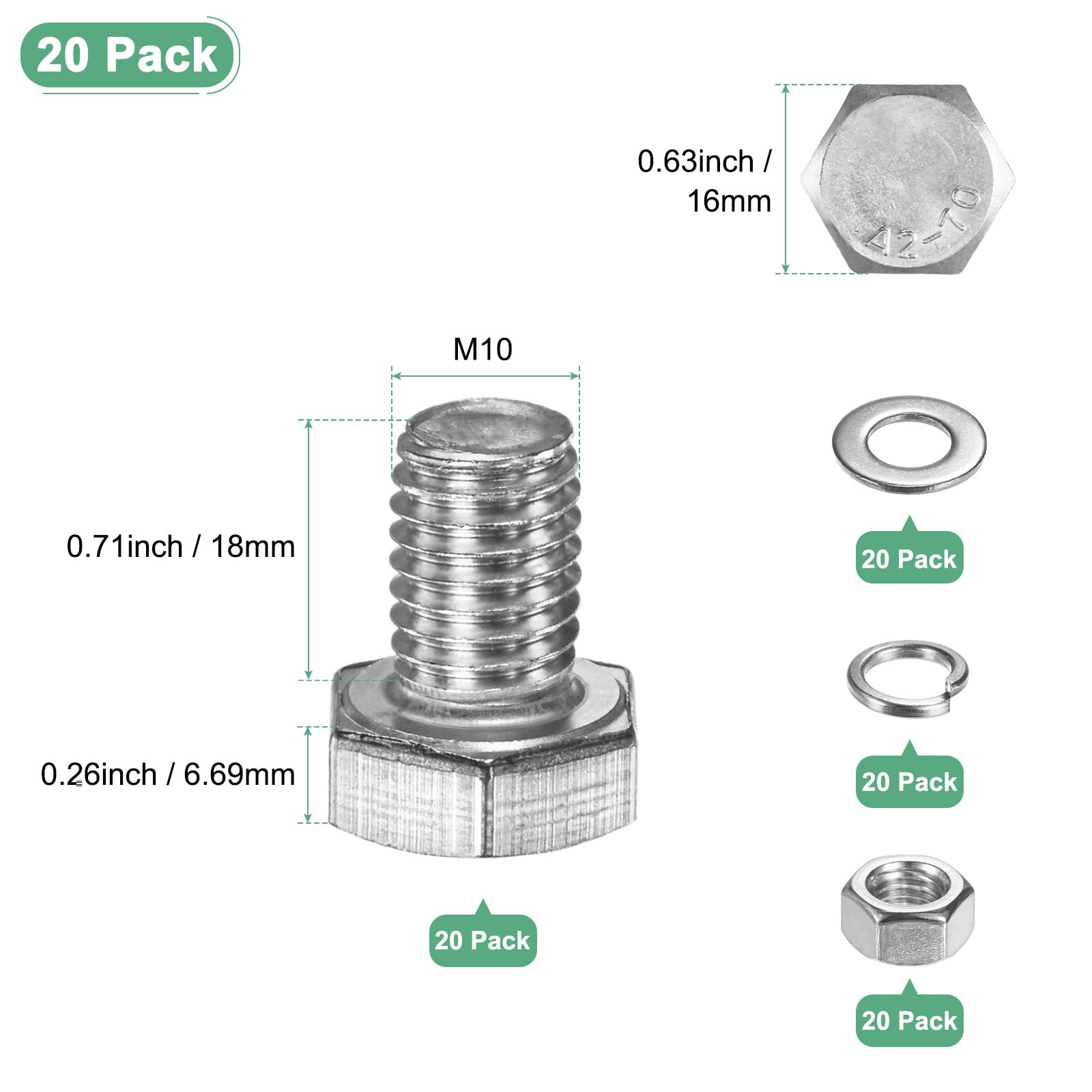 M METERXITY 20-Pack Hex Head Screw Bolt with Nuts Flat & Lock Washers M10x18mm Stainless Steel Bolts and Nuts Kit Fully Threaded Metric Bolt Assortment for Equipment/Machinery - Image 3