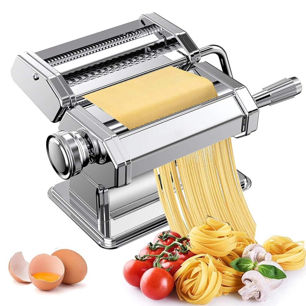 Máquina para hacer pasta, manivela manual de acero inoxidable automática con 6 ajustes de grosor ajustables, máquina de fideos 2 en 1, máquina perfecta para fideos frescos para la familia