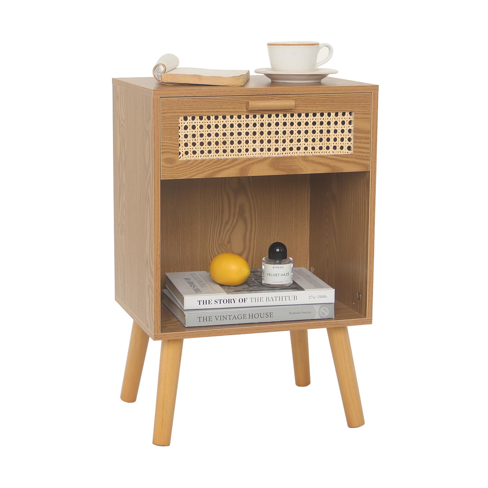 Mid Century Modern Nightstand, Rattan Bedside Table with Drawer and Open Shelf, Wood Nightstand Modern Side Table for Living Room, Bedroom and Small Space, Brown