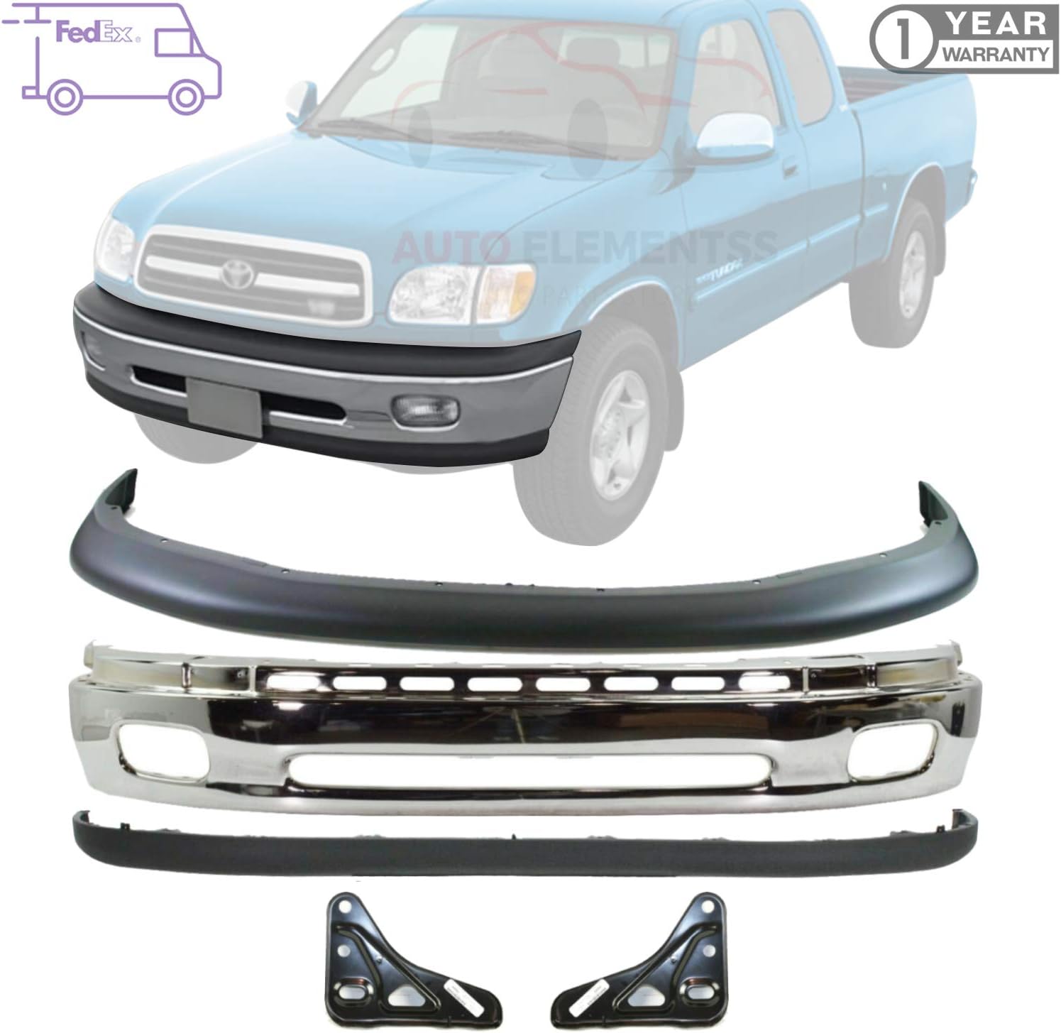 Front Bumper Chrome + Upper Cover + Lower Valance Panel + Mounting Brackets For 2000-2006 Toyota Tundra OE Direct Replacement