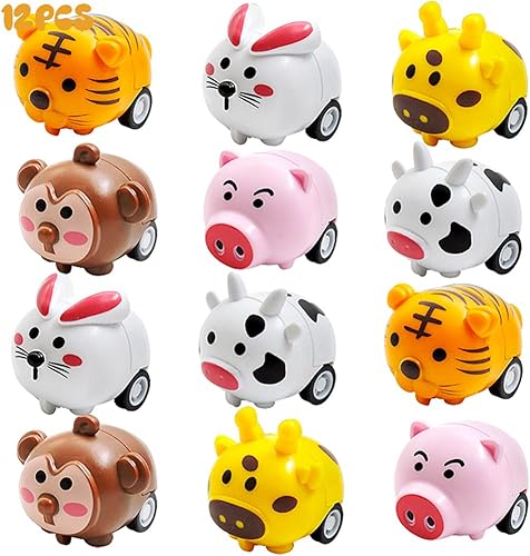 Paquete de 12 autos de animales para tirar hacia atrás, mini juguete de animales para niños y niñas, regalo de cumpleaños, bolsas de regalo, regalos