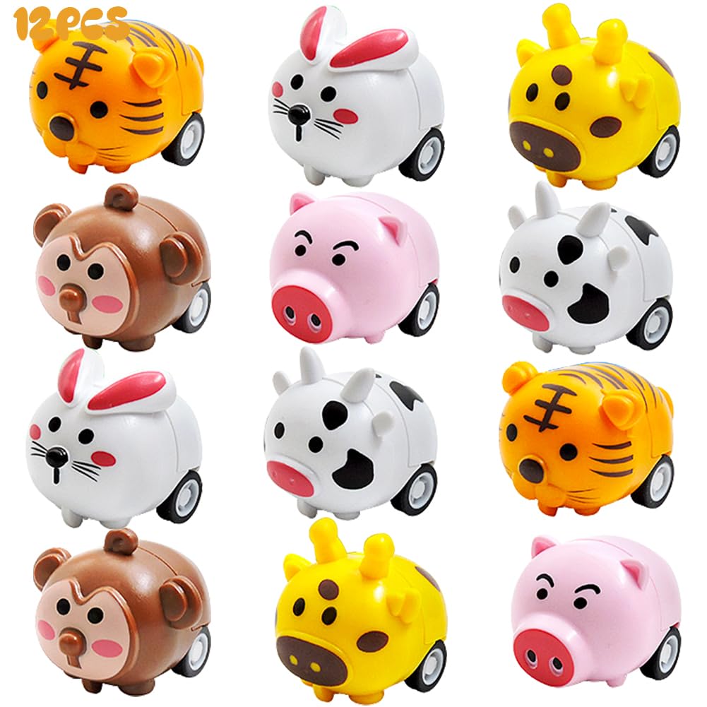 Pull Back Toys, 12pcs Plastic Filled Easter Eggs with Cartoon Animal Cars Vehicles for Eggs Hunt, Basket Fillers, Easter Surprise Theme Party Favor Classroom Prize Supplies