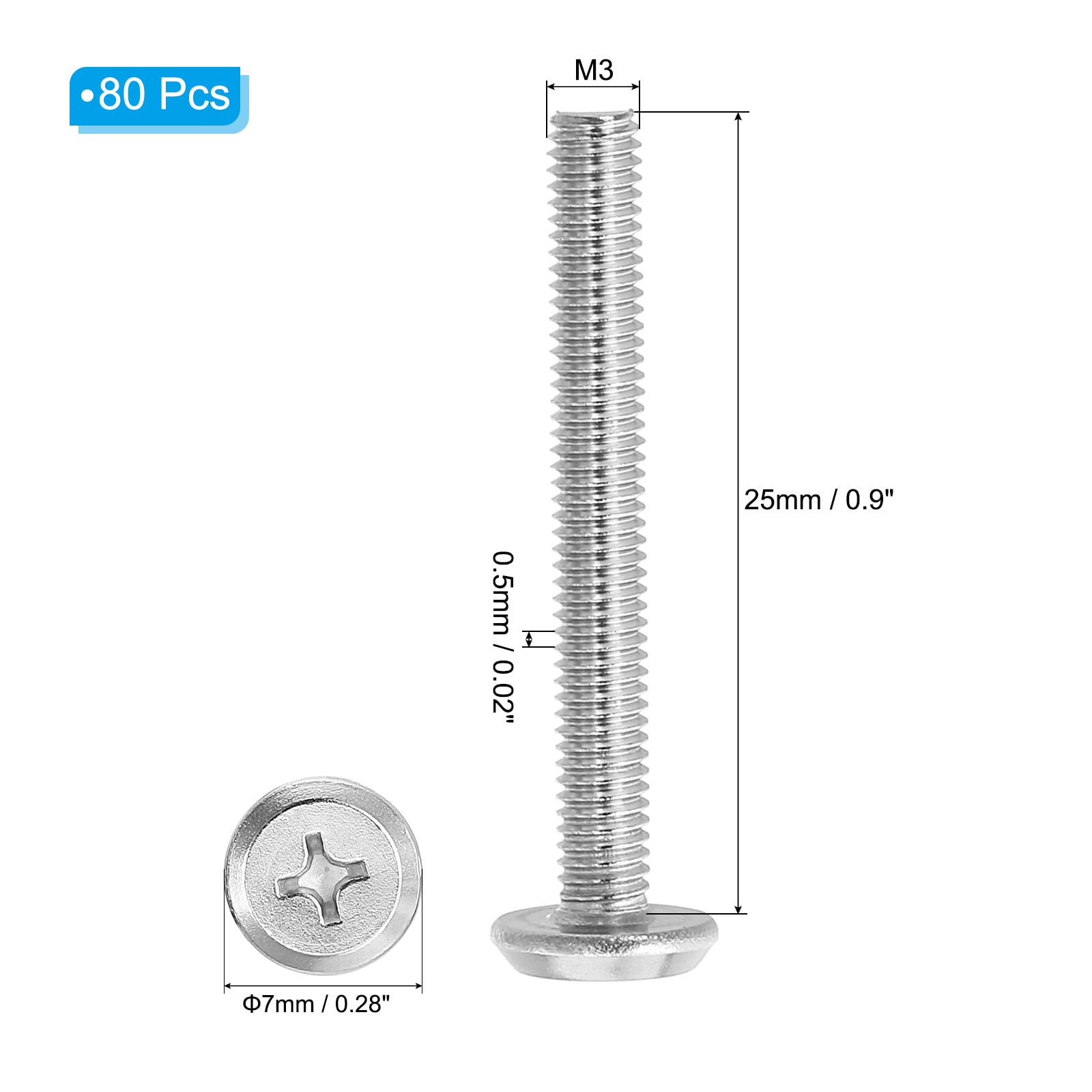 PATIKIL Round Head Phillips Screws, 80 Pack M3-0.5 x 25mm 304 Stainless Steel 18-8 Full Thread - Image 2