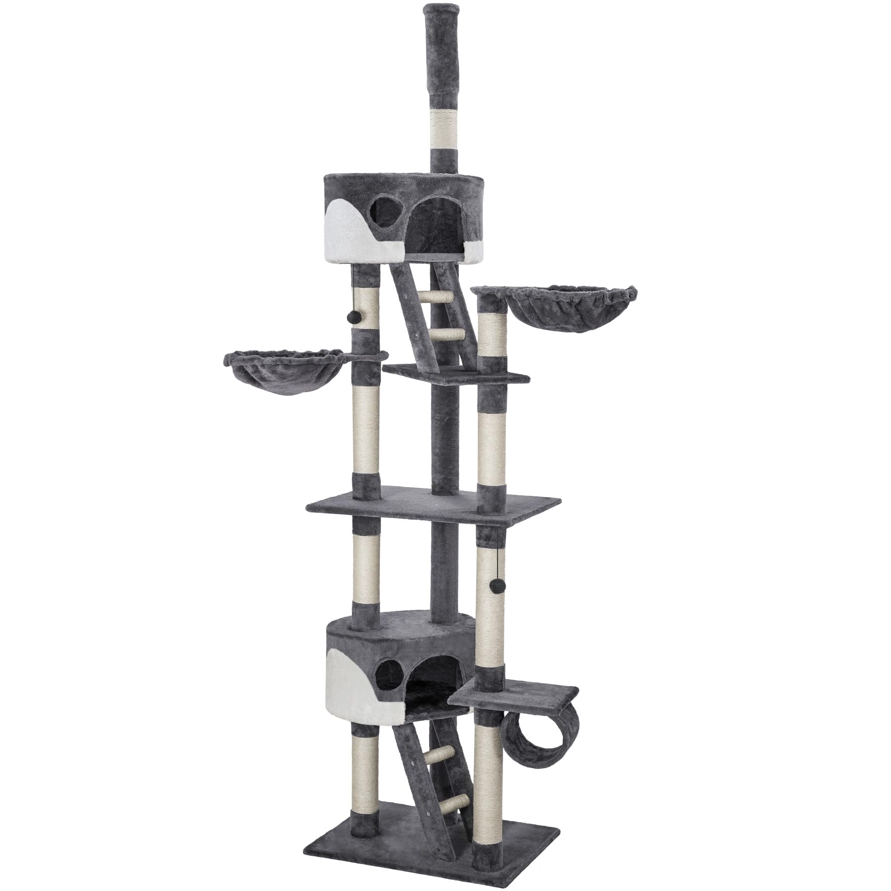 tectake® Multi-Level Cat Tree - 2 Houses & Scratching Posts, Ladders, Beds, Tunnel & Toys - 260cm Anti-Tip Cat Tower for Cats & Kittens - Grey/White