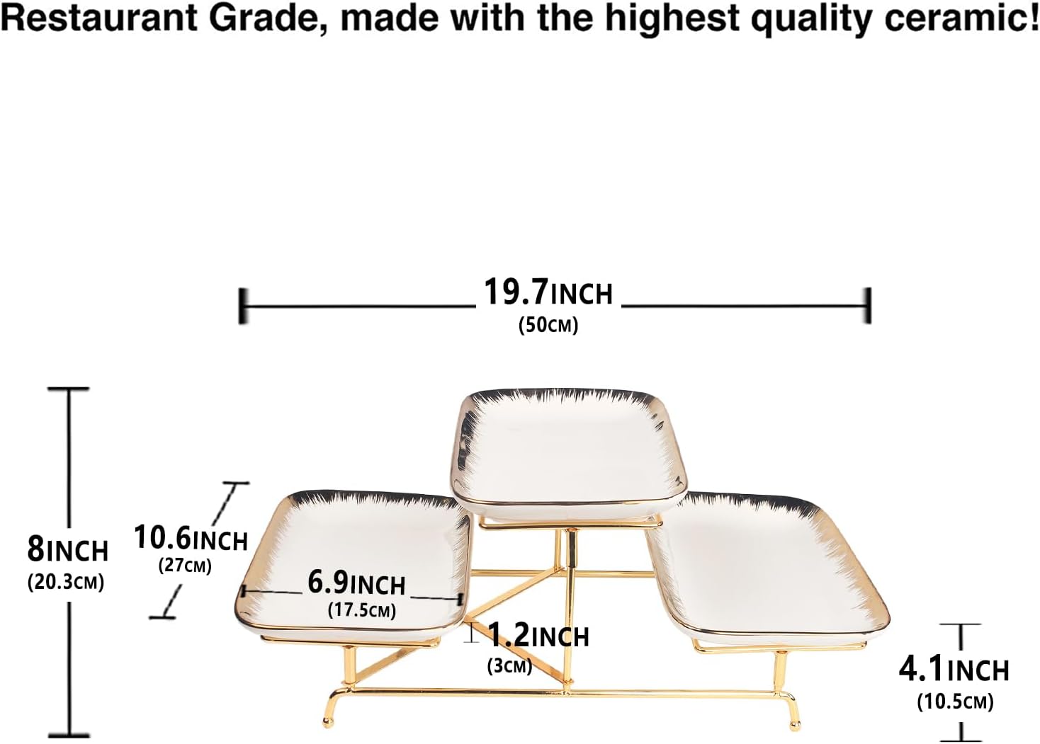 Three-Tier Ceramic Plate Rack - A Foldable Gold-Rimmed Plate Rack with Three 10.6-inch Gold-Rimmed Plates for displaying Food, Fruit, Desserts, and Serving Guests.