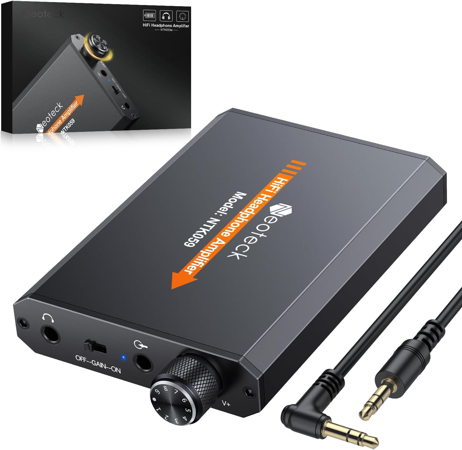 Portable 3.5mm Headphone Amplifier Two-Stage Gain Switch, 16-300 Ohm, Aluminum Matte Surface