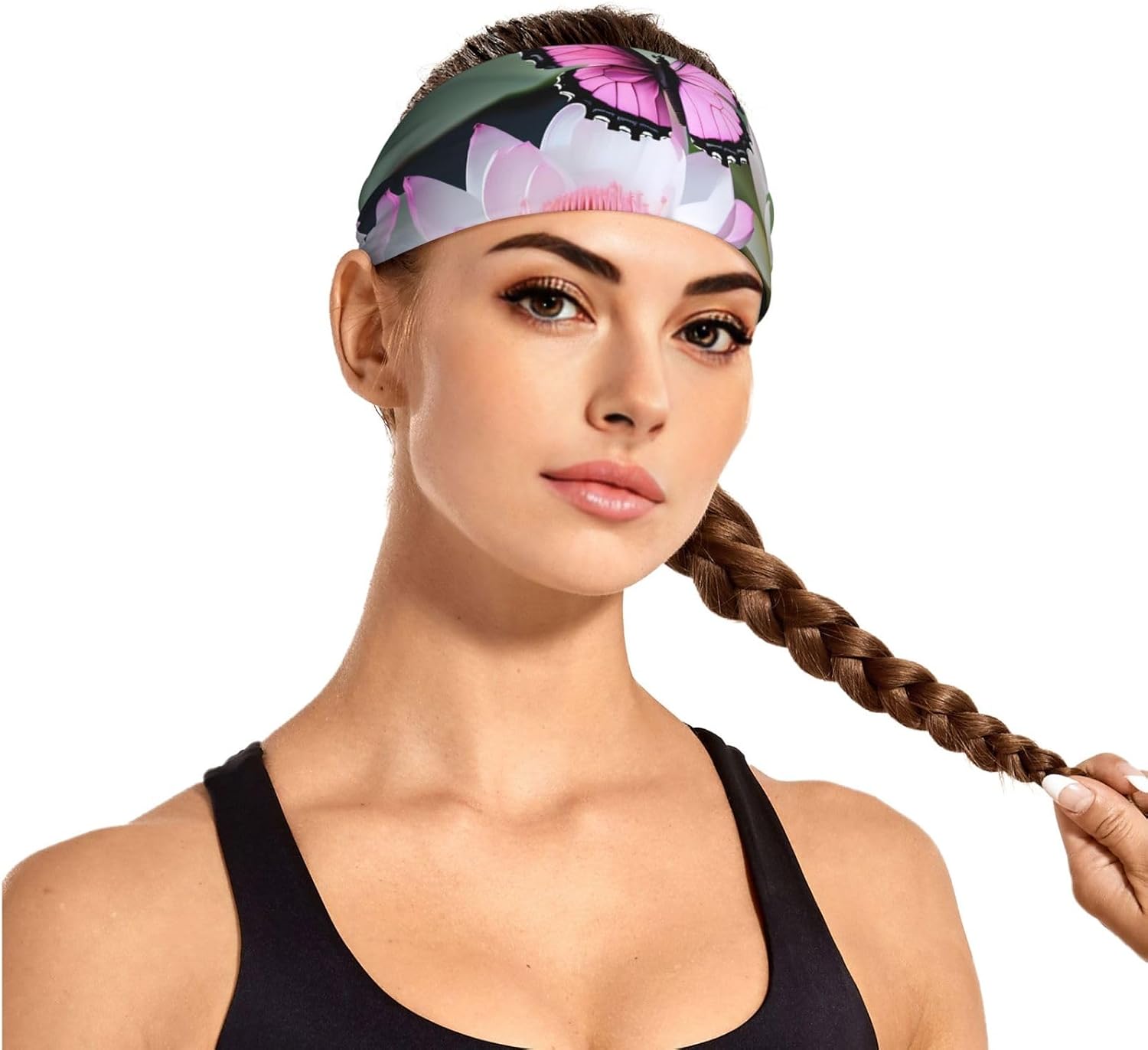 Pink Butterfly 1 Print Wide-Brimmed Fashionable Elastic Exercise Headband for Running and Workouts