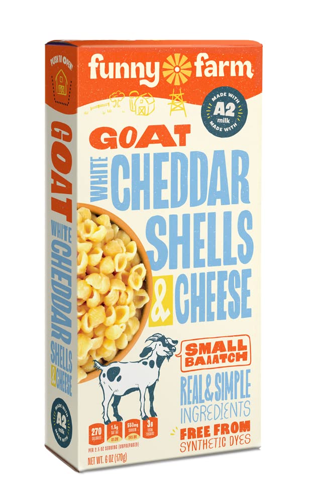 Funny Farm A2 Milk Macaroni and Cheese | Pasta with White Cheddar Flavor - Goat Cheese Mac and Cheese Dinner Bundle | A2 Goat Milk Cheese Powder Base with Elbow Macaroni Noodles - Goats Milk Based White Cheese Powder Mac n Cheese