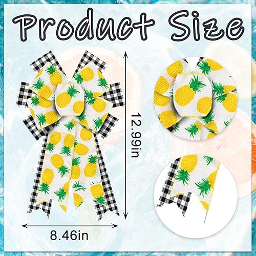 Miniatura 2 de 2 lazos de corona de verano, piña, ananas, blanco y negro, lazos de arpillera a cuadros para coronas, lazos de frutas de verano, lazos para