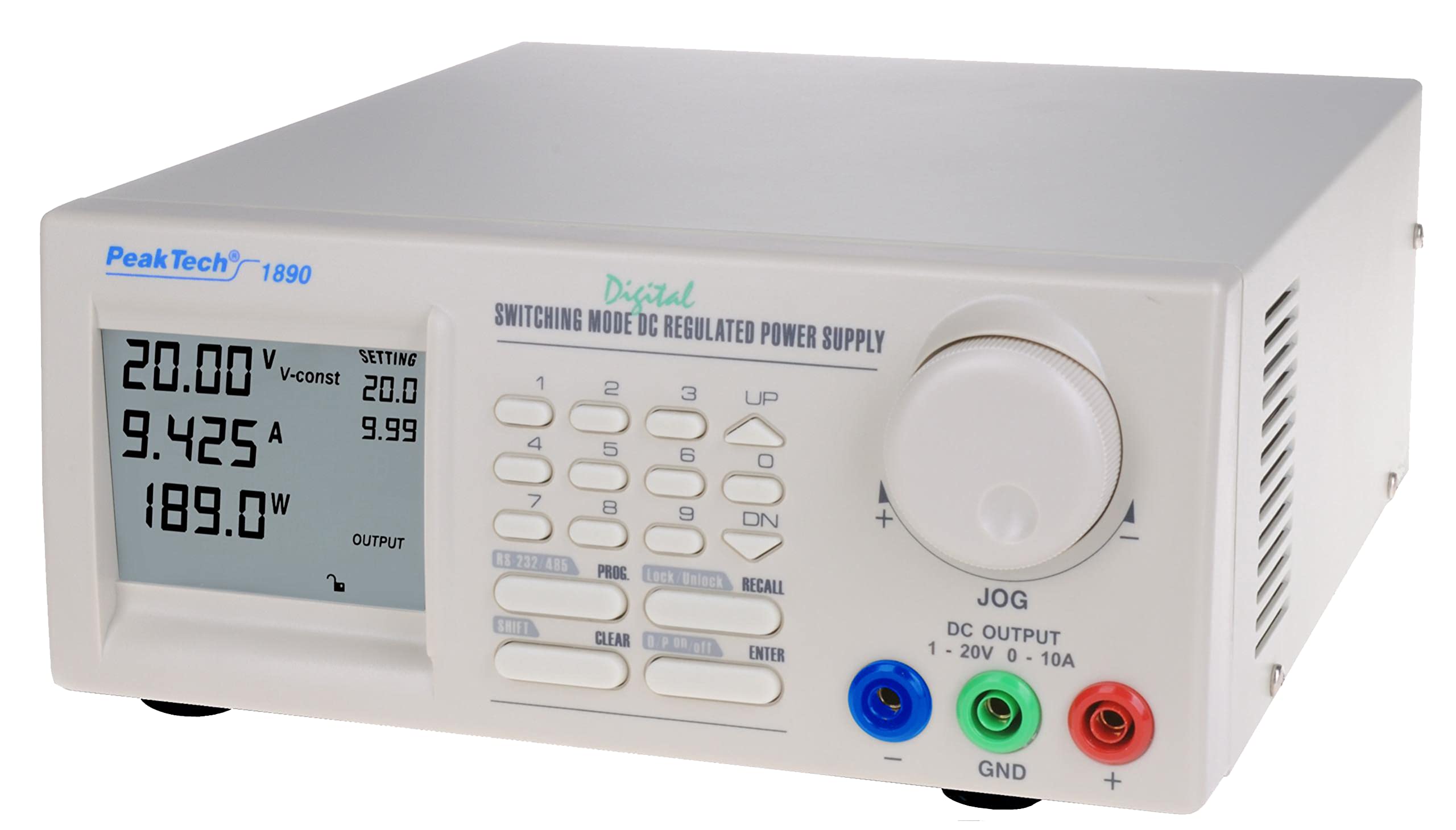 PeakTech P 1890 Programmierbares DC Schaltnetzteil 1–20 V 0–10 A mit 4-stelliger LCD Anzeige USB RS-232 RS-485 Labornetzgerät Überlastschutz PC Steuerung 90–265 V AC weiß 280 x 210 mm