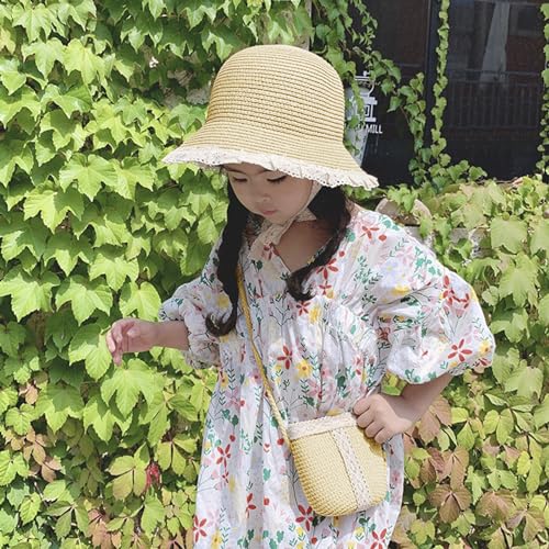 Girls Kids Summer Flower Straw Hat Bag Set Wide Brim Floppy Beach Sun Cap with Shoulder Bag Tea Party Birthday Gift2