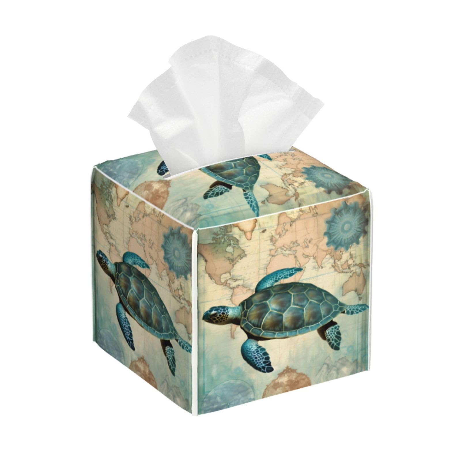 Square Tissue Boxes 5.2"x5.2"x5.2" Turtle Sea Animal Tissue Box Holder Decor for Home/Car/Office