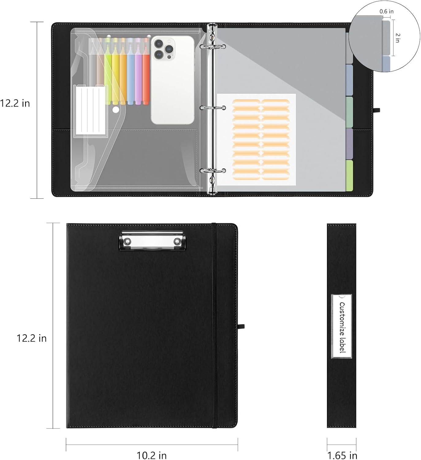 3 Ring Binder, 1 Inch Leather Binders with Clipboards, 5-Tabs Pockets Dividers, 18 Divider Stikers, Plastic Folder, Pen Holder, Three Ring Binder with Pen Holder(Black, Letter Size)