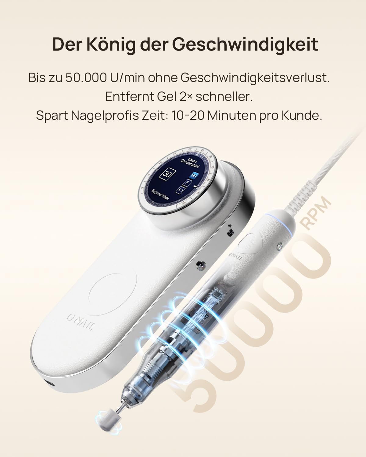 Nagelfräser für Gelnägel – O NAIL Maniküre Pediküre Set 50000 U/min, LCD-Display, Fräsaufsätze, Smart Control, Kabelloses & Salon-Qualität für Acryl-Gel-Nägel, für Stylisten, Nailartists