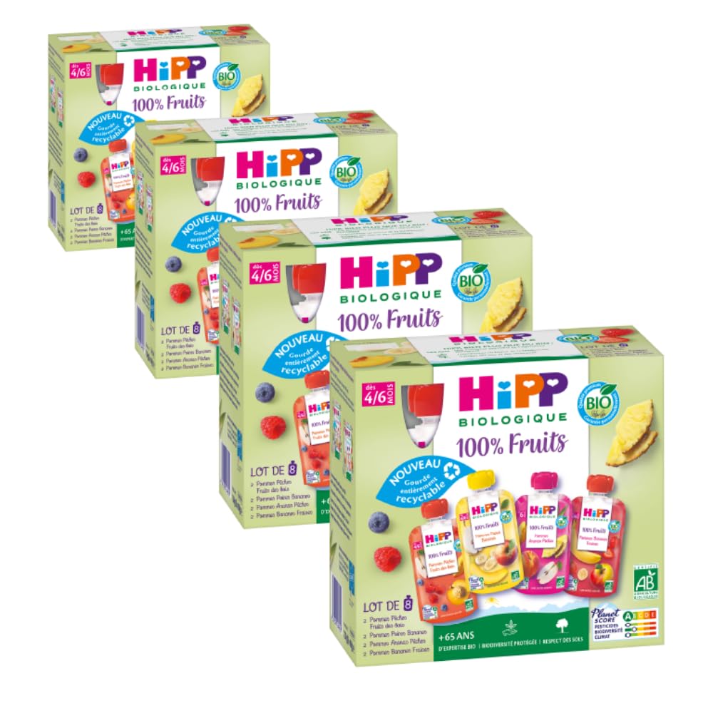HiPP - 100% Fruits - 4 variétés dès 4/6 Mois - Gourdes - 8x90g - Lot de 4- BIOLOGIQUE