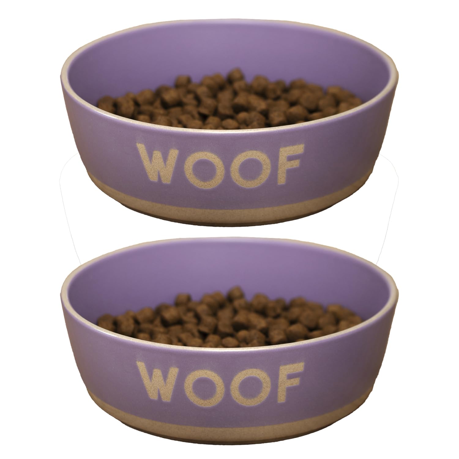 Set Of 2 Purple Woof Dog Bowls 20x6.5cm Stoneware Food Water Round Pet Dishes Pair