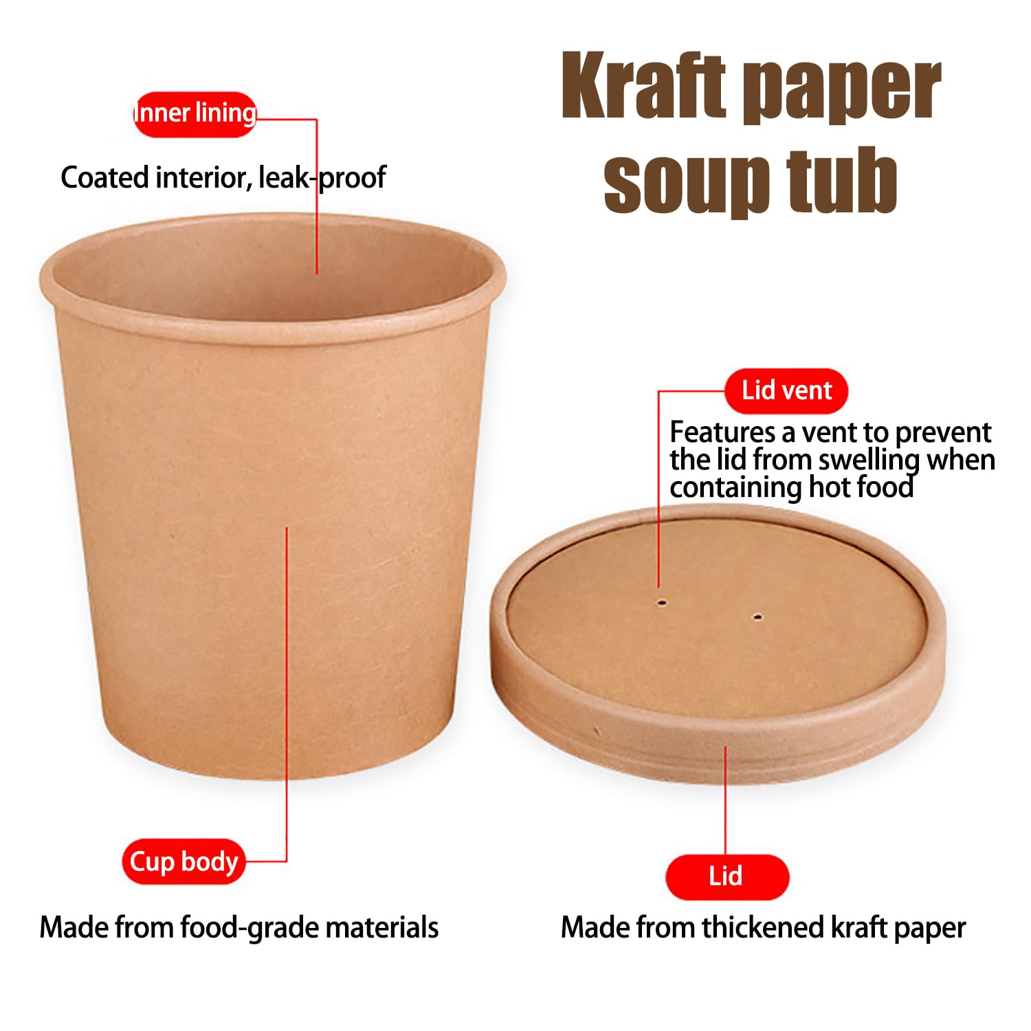 Confezione da 50 contenitori da zuppa in carta kraft da 460 ml con coperchio, ciotole usa e getta da asporto per cibi caldi e freddi, bicchieri di carta da asporto per bevande calde