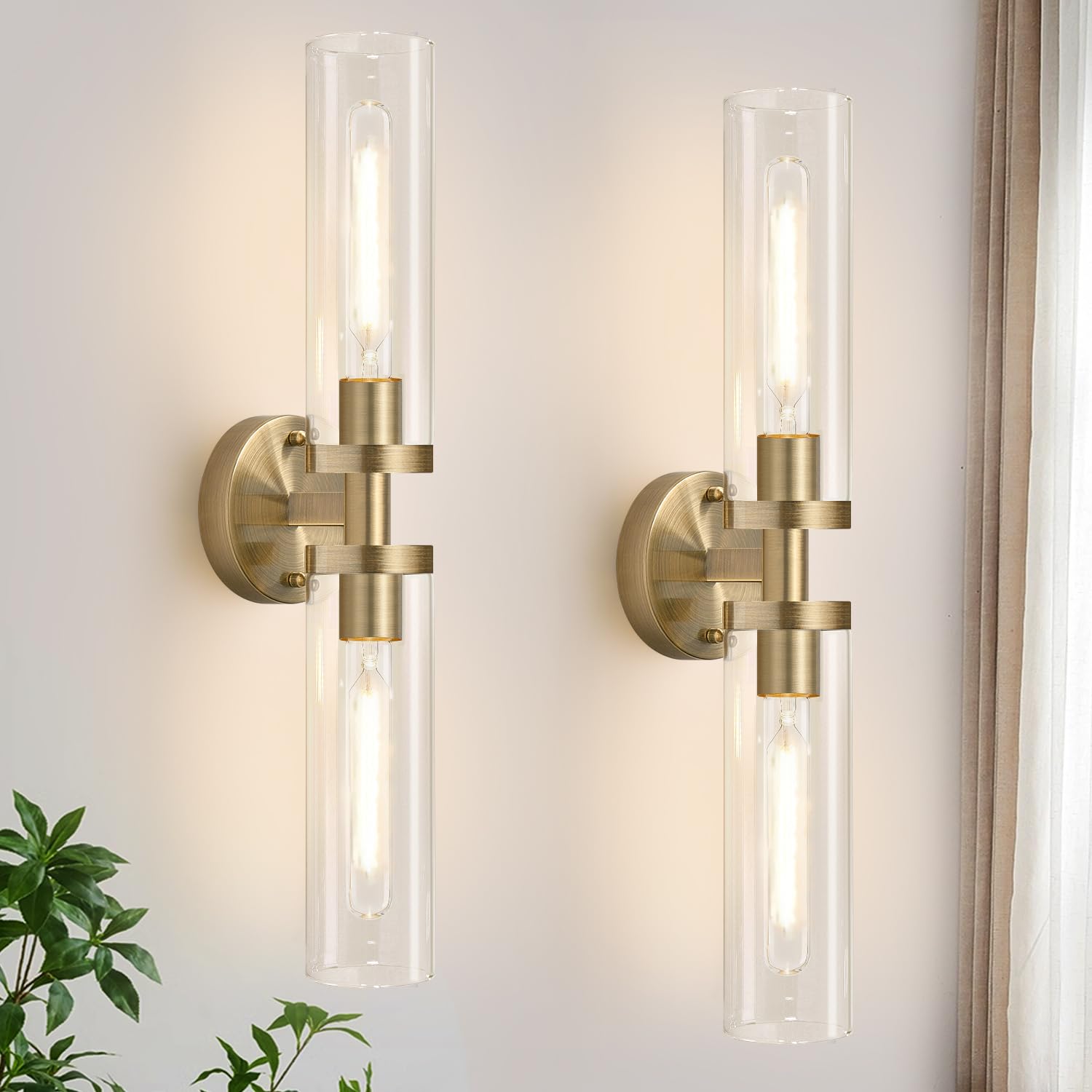 Wall Sconces Set of Two, Hardwired Brass Bathroom Sconces Wall Lighting with Clear Glass, Modern Sconces Wall Decor Set of 2 Vanity Light fixtures for Bathroom Mirror Bedroom (Bulbs Not Included)