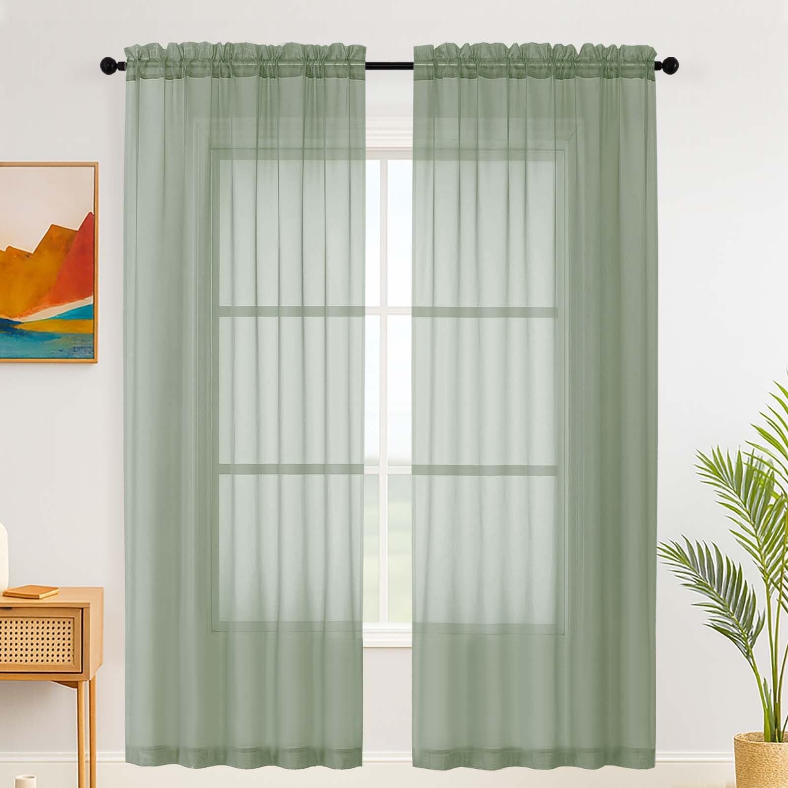 Simplebrand Sage Green Sheer Curtains for Living Room 200 cm Length Panels Set - Light Filtering, Rod Pocket Window Home Voile Curtains & Drapes for Bedroom, Elegant Drapes, 150cm W x 200cm L