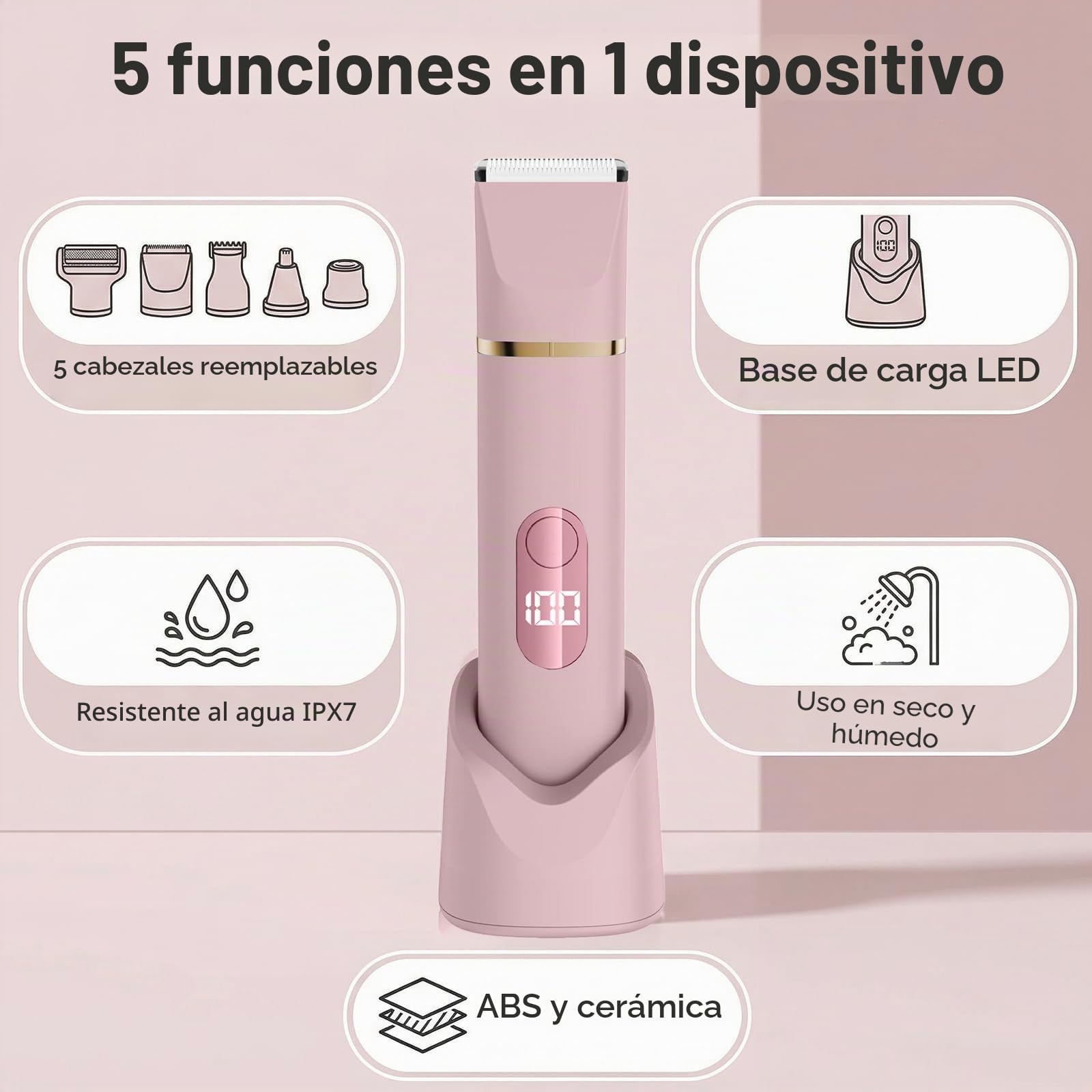 Depiladora Bikini 5 en 1 para mujeres, afeitadora eléctrica corporal inalámbrica impermeable IPX7, 5 cabezales intercambiables para depilación cara, piernas y zona íntima, hoja cerámica, carga USB