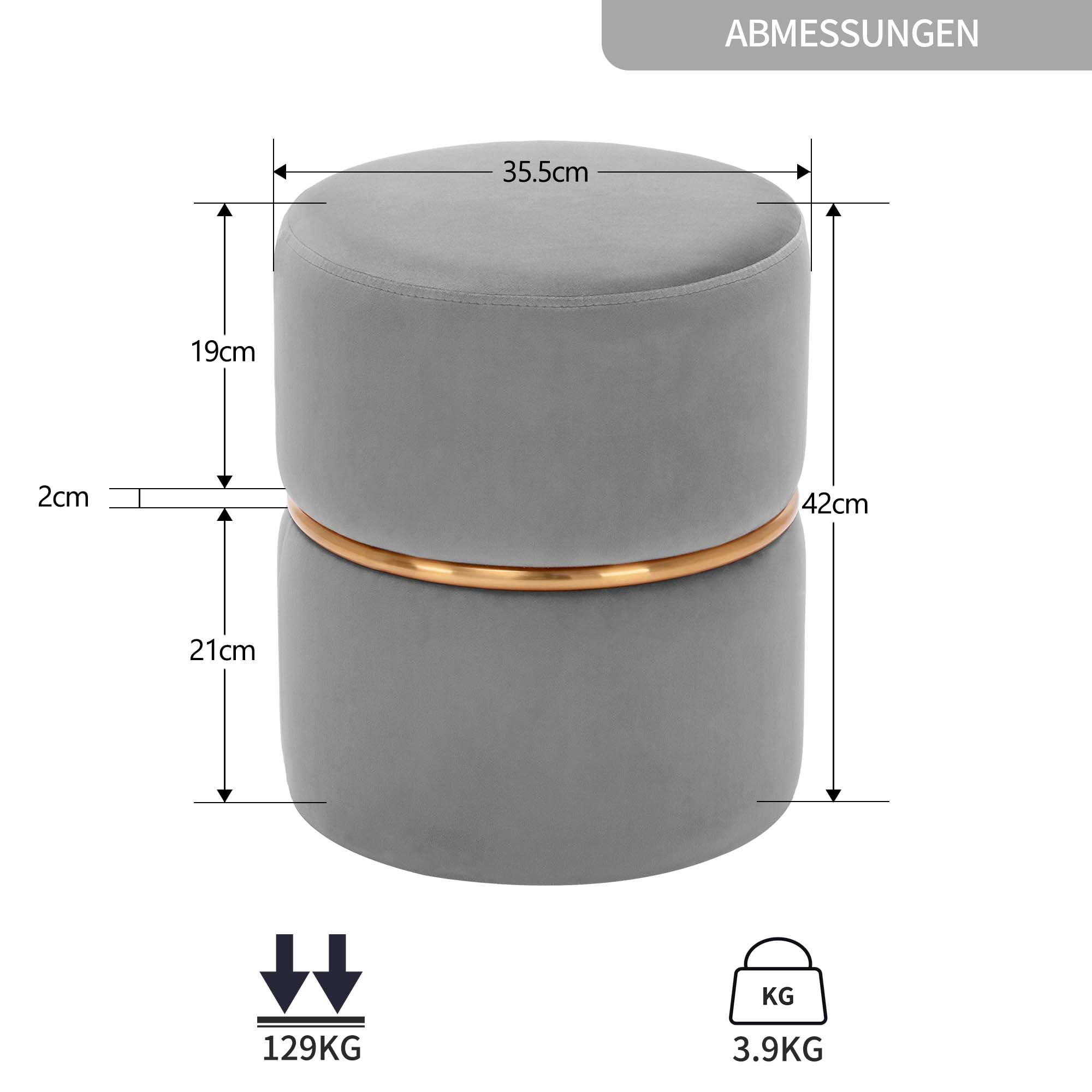 Duhome Taboret okrągły taboret tapicerowany taboret do makijażu szlachetny design 9123, kolor: szary, materiał: aksamit