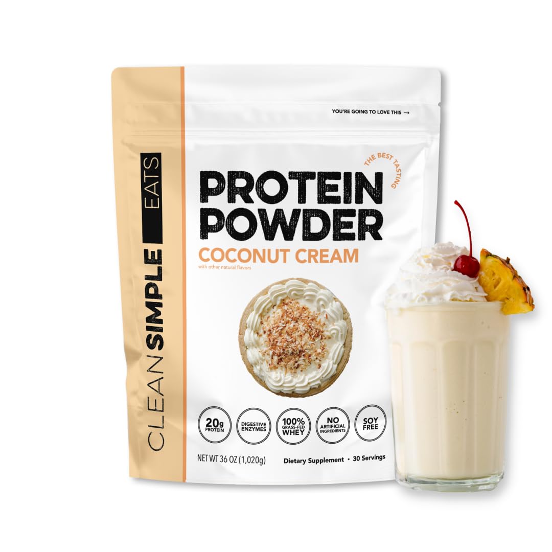 Proteína de suero en polvo Clean Simple Eats, sabor a crema de coco, endulzada naturalmente, 100 % de animales alimentados con pasto, con enzimas digestivas y sin ingredientes artificiales, sin gluten, 30 porciones