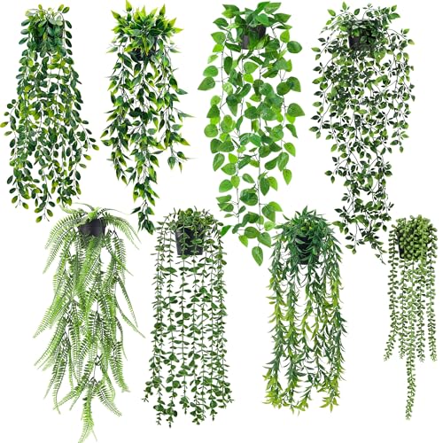 Der Rose 8Pcs Fake Hanging Plants in Black Pots Artificial