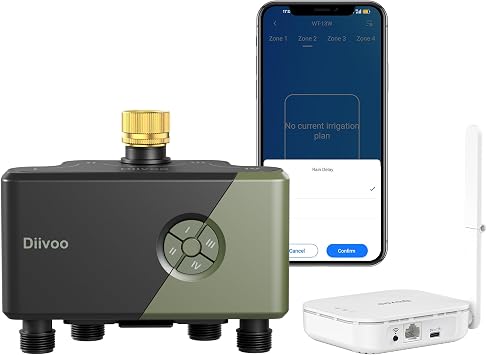مؤقت مياه Diivoo WiFi لخرطوم الحديقة، مؤقت رش ذكي 4 مناطق مع مدخل نحاسي، إيثرنت واتصال WiFi 2.4 جيجا هرتز، متوافق مع Alexa/Google، 24 خطة ري ووضع تأخير المطر للمروج