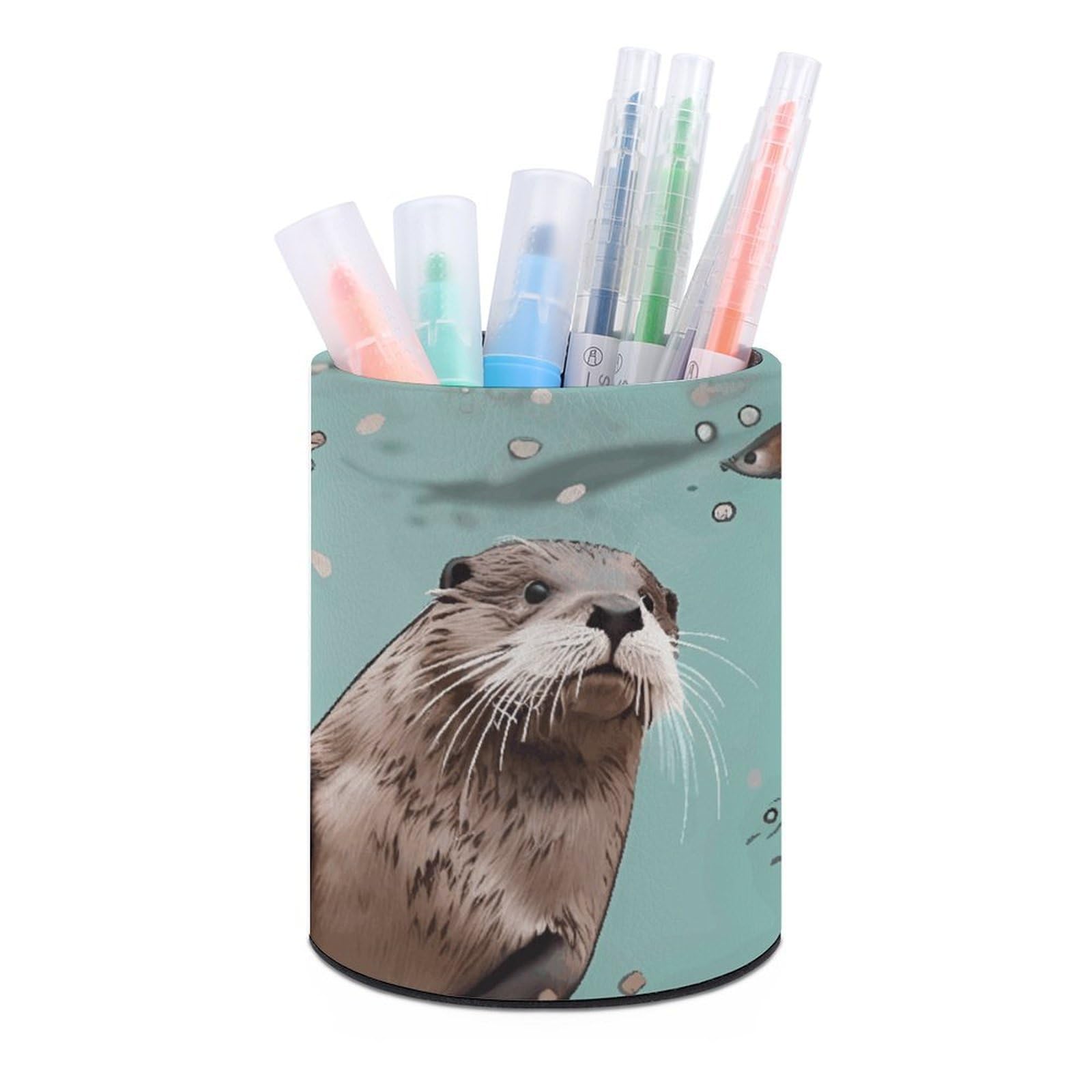 DWVTSLH Aesthetic Pen Holder for Desk - Modern Leather Pencil Holder - Stylish Round Makeup Brush Holder - Otters Pen Cup Cute And Functional Desk Organizer for Office Supplies