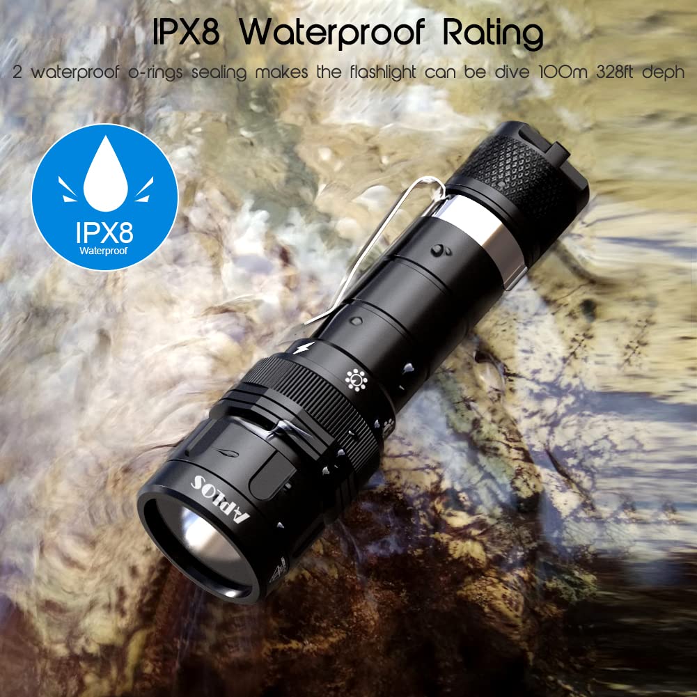 APLOS AP10 Linterna de buceo, Antorcha de buceo subacuática de 1080 lúmenes con 5 modos, mini linterna de buceo recargable a 100 metros de profundidad con interruptor giratorio