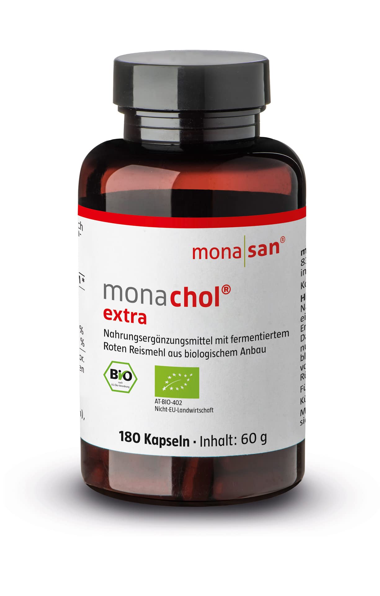 MONASAN monachol® extra BIO-zertifiziert Fermentierter Roter Reis 180 Stück | 2,8 mg Monacoline pro Kapsel, Vegan, Biozertifiziert DE-ÖKO-003, Citrininfrei, Laborgeprüft, Bedarf 6 Monate