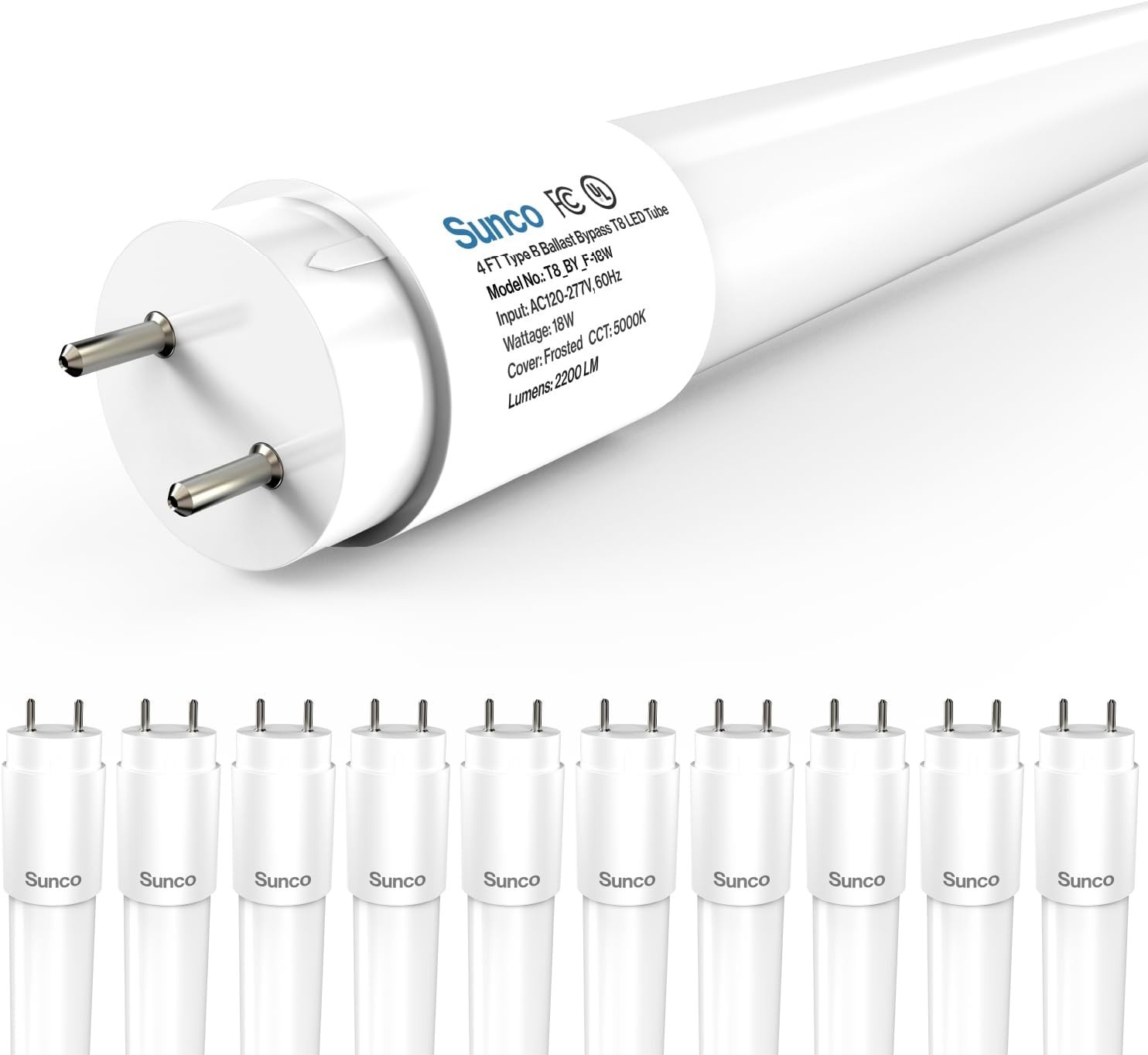 Sunco 5 Pack T8 LED Bulbs 4 Foot, Tube Light Bulbs Ballast Bypass, 48 Inch Fluorescent Replacement, 2200 LM, 18W, 5000K Daylight, Single Ended Power, Type B, Frosted Lens UL 5000k Daylight 5 Count (Pack of 1)