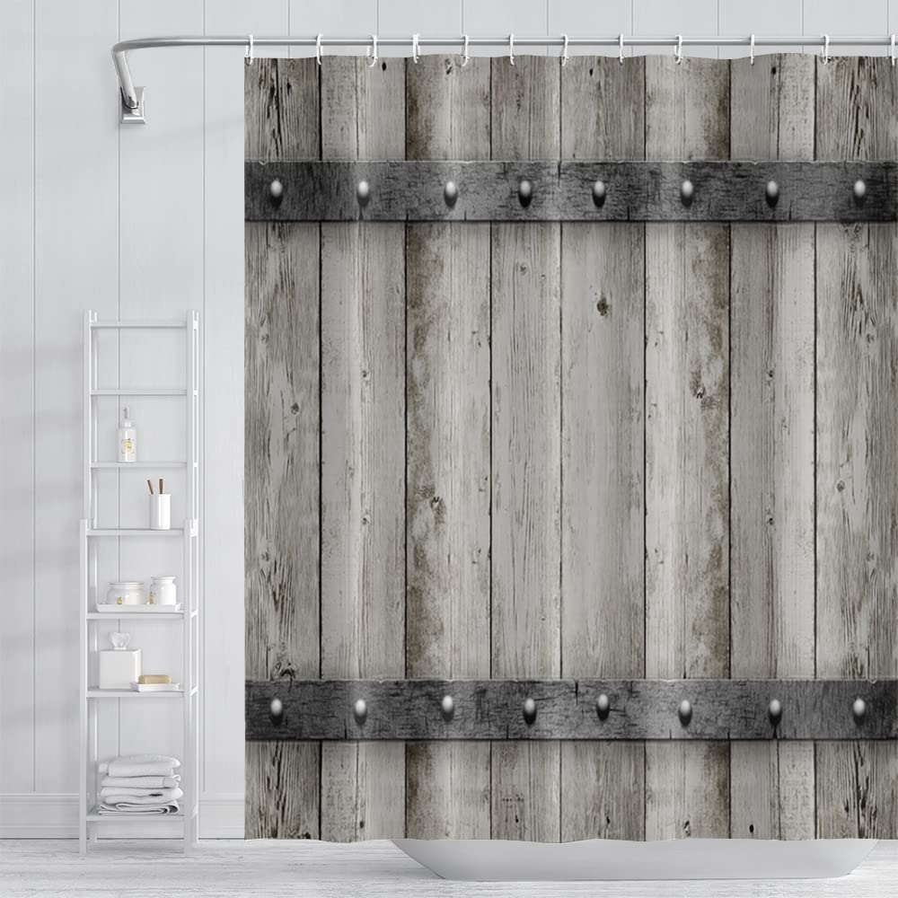 LB Tenda Doccia In Poliestere Grigio Legno 150x180 Cm – Effetto Rustico Porta Fienile, Antimuffa Con Ganci Inclusi
