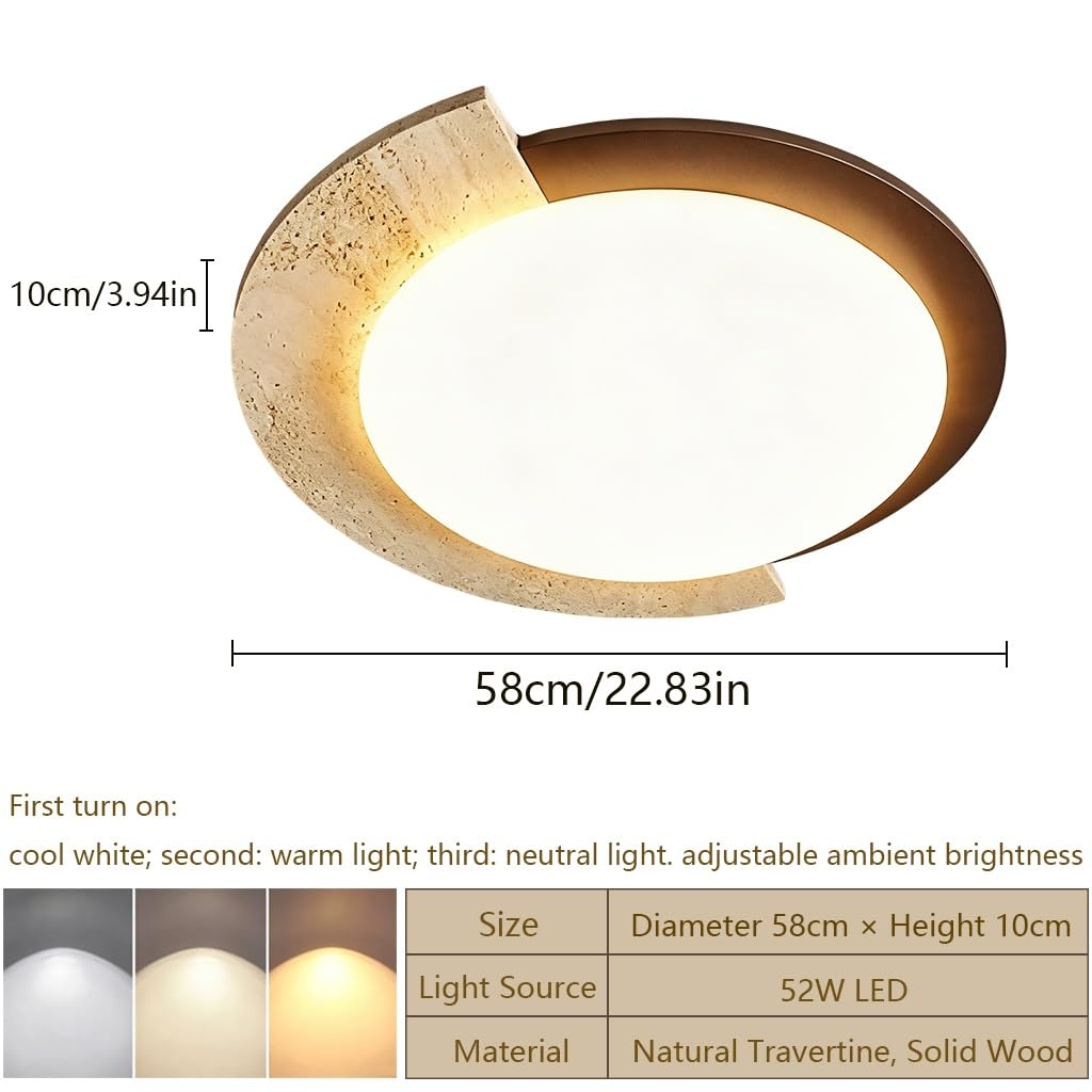 Lámpara De Techo De Piedra Huangdong De Estilo Wabi-sabi LED 52 W Lámpara De Techo Redonda Con Marco De Madera Maciza Temperatura De Color Regulable En Tres Tonos Ideal Para El Salón