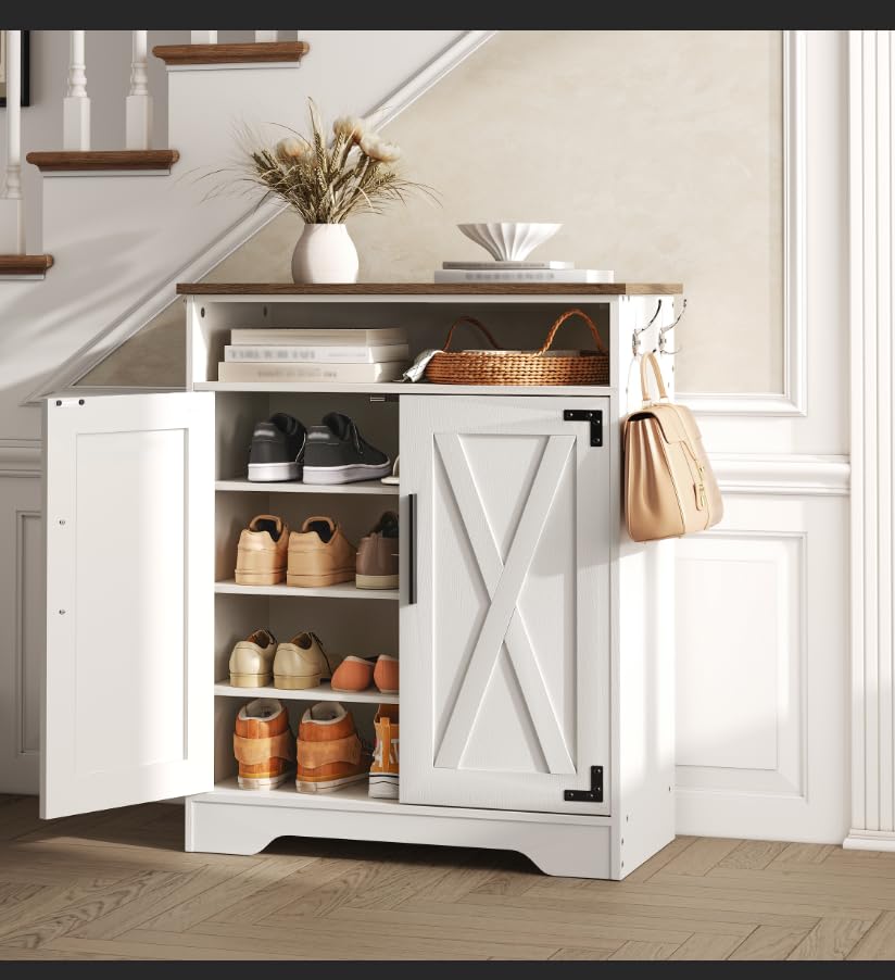 HOOBRO Shoe Cabinet, Farmhouse Shoe Storage Cabinet, Shoe Organizer Cabinet with Hooks and Adjustable Shelves, Shoe Cabinet Storage for Entryway, Living Room, White and Walnut WH16SC01