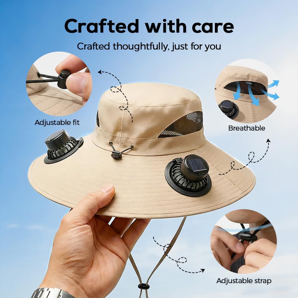 Solar Fan Hat, 2026 New Wide Brim Solar Fan Hat, Hat with Fans Solar Power for Men Women, Sun Hats for Outdoor Fishing