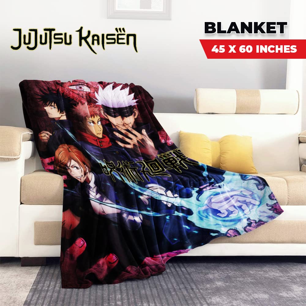 JUST FUNKY Jujutsu Kaisen Couverture Polaire | 114,3 X 152,4 Cm | Avec Yuji, Megumi, Nobara Et Satoru Gojo | Couverture Super Douce | Sous Licence Officielle