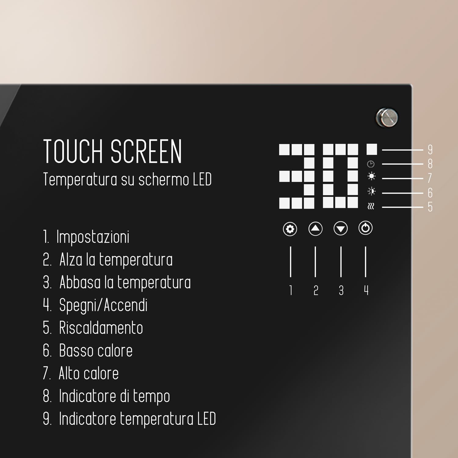 Stufa Elettrica Basso Consumo 2000W (Modalità ECO 1000W), Termoconvettore con Ruote + Montaggio a Parete, Vetro Temperato, Display Touch + Timer + Telecomando, Stufetta con Termostato, Nero