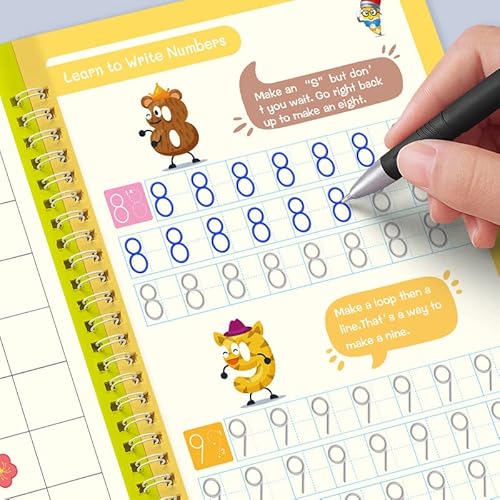 8 Pcs Grooved Handwriting Book Practice For Kids, Reusable Handwriting Preschool Workbook, Children's Magic Copybooks With Auto Disappearing Ink Pen (8 Large Books+4 Pens+4 Pencil Grips+20 Refills) #TOP1