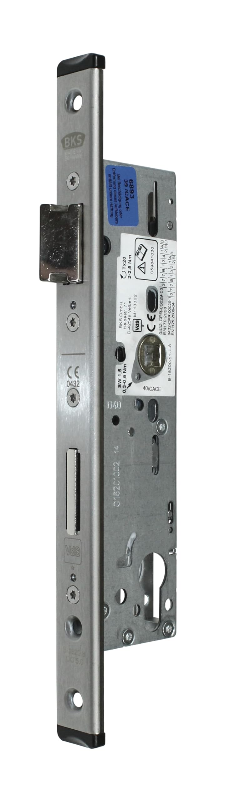 BKS Rohrrahmen Panikschloss Türschloss B-18200-51-L-8, Funktion B einwärts/auswärts geteilte Nuss, Dornmaß 40mm, Entfernung: 92mm, U-Form Stulp: 24x268mm, DIN Links/Rechts (Dornmass: 40mm (39mm))
