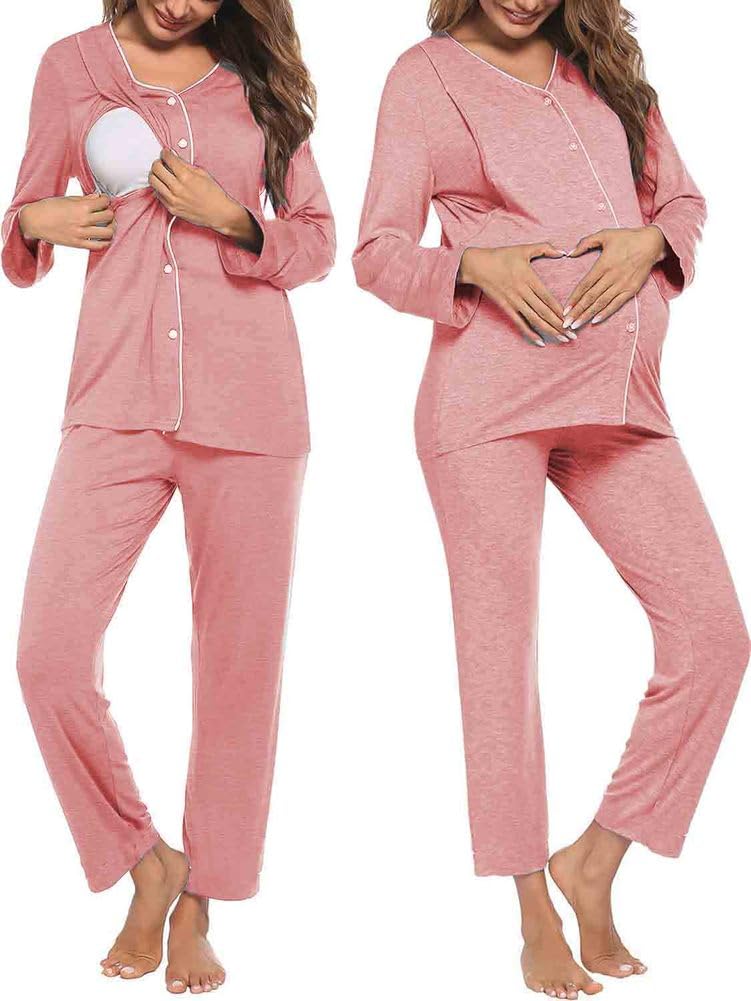 Pigiama al Seno di maternità Set per Donne, Camicia A Maniche Lunghe A Strisce, Vestiti da Notte, Indumenti da Notte Infermieri per Ospedale,Rosa,L