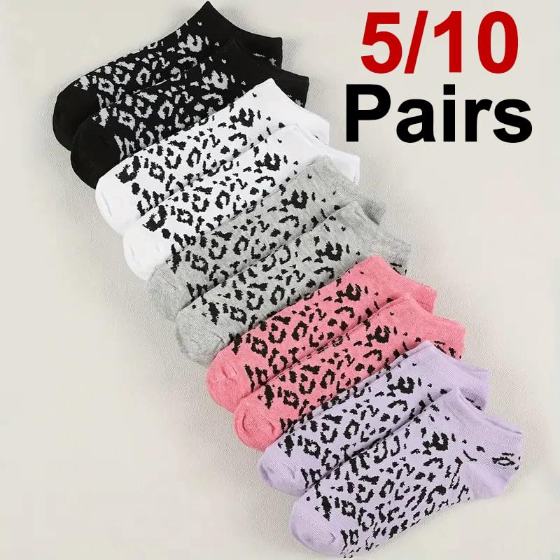 Calzini da Donna con Stampa Leopardata, Estivi, Traspiranti, Morbidi e Comodi, Casual.(10 Pairs Mix)