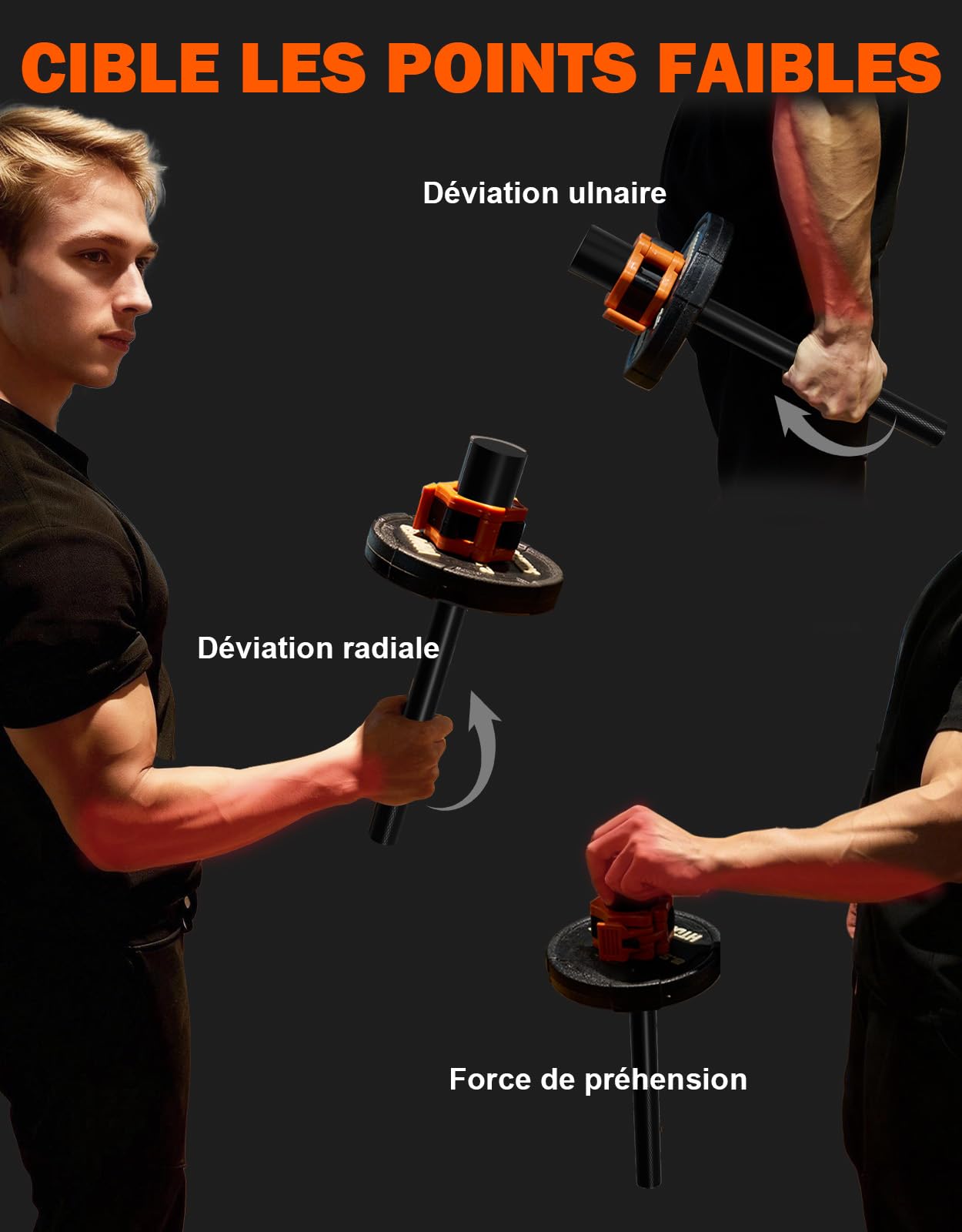Fitarc 1 In renforceur d'avant-bras, barre pour poignets, barre de flexion des poignets, appareil de renforcement de la force de préhension, appareil de rotation des poignets