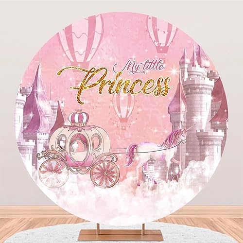 Renaiss Fundas de fondo redondas de castillos rosados de 7 x 7 pies para sesiones de fotos de niños y niñas, retrato, unicornio, princesa, carro,
