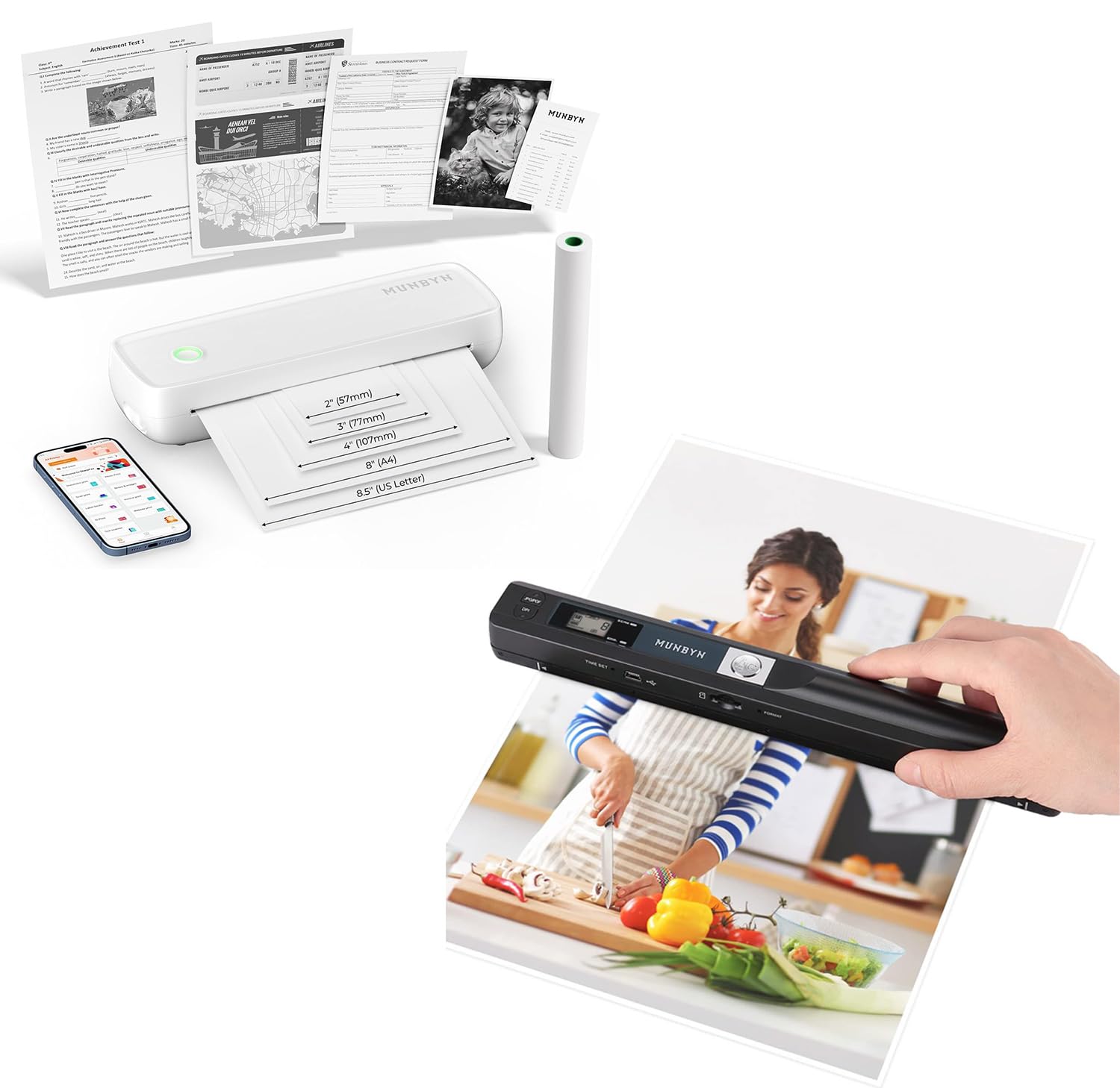 MUNBYN Portable Printers Wireless for Travel ITP04 and Portable Scanner in 900 Dpi Include 16G SD Card