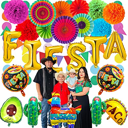 22 Pcs Fiesta Party Decoration, Multicolor Festival Mexicano Supplies With Cactus Avocado Balloons, Tissue Pom Paper Flowers, Pennants, Garland, Backdrop Banner For Cinco De Mayo, Mexican Theme Fiesta Party #TOP4