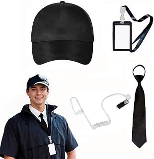 4PCS Agent Costume Set Cosplay Secret Security Service Outfit Hat Tie Earpiece ID Card Kit for Halloween Cosplay Agent Role Play Spy Dress Up Accessory